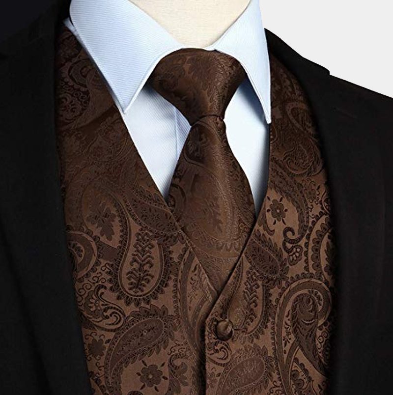 Brown Paisley Waistcoat With Tie