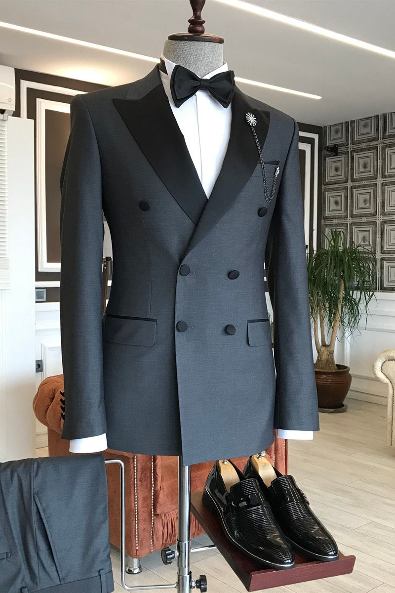 Classic Black Point Lapel Double-Breasted Formal Business Suit