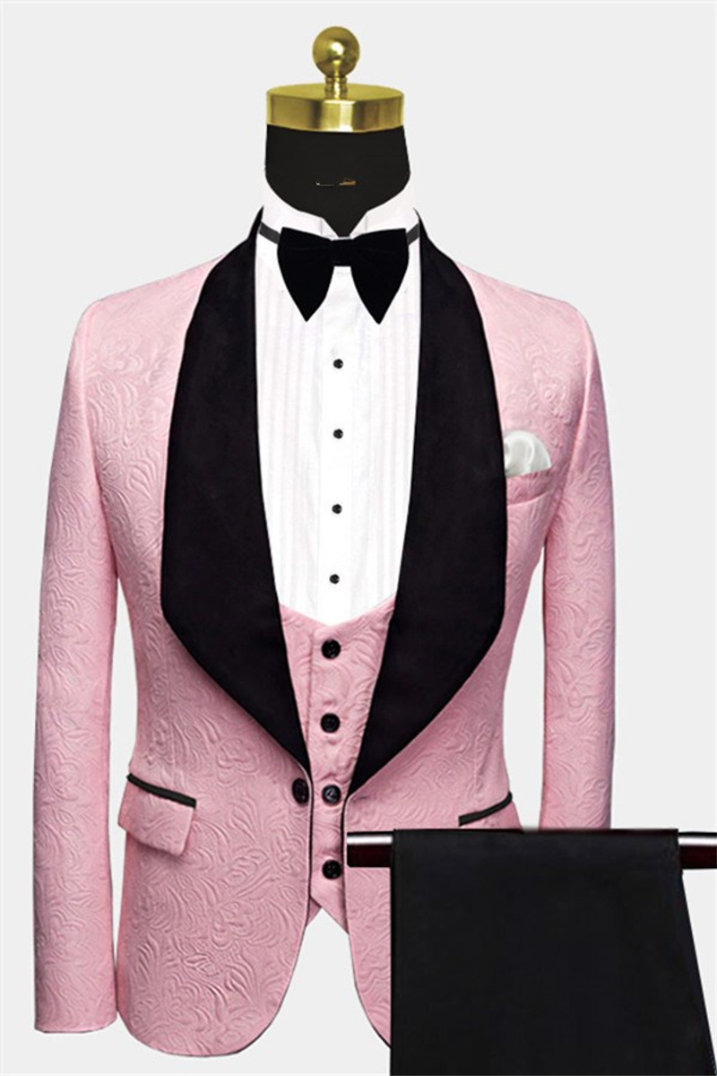 Gorgeous Pink Jacquard Prom Suit Three-Piece Black Lapel Suit