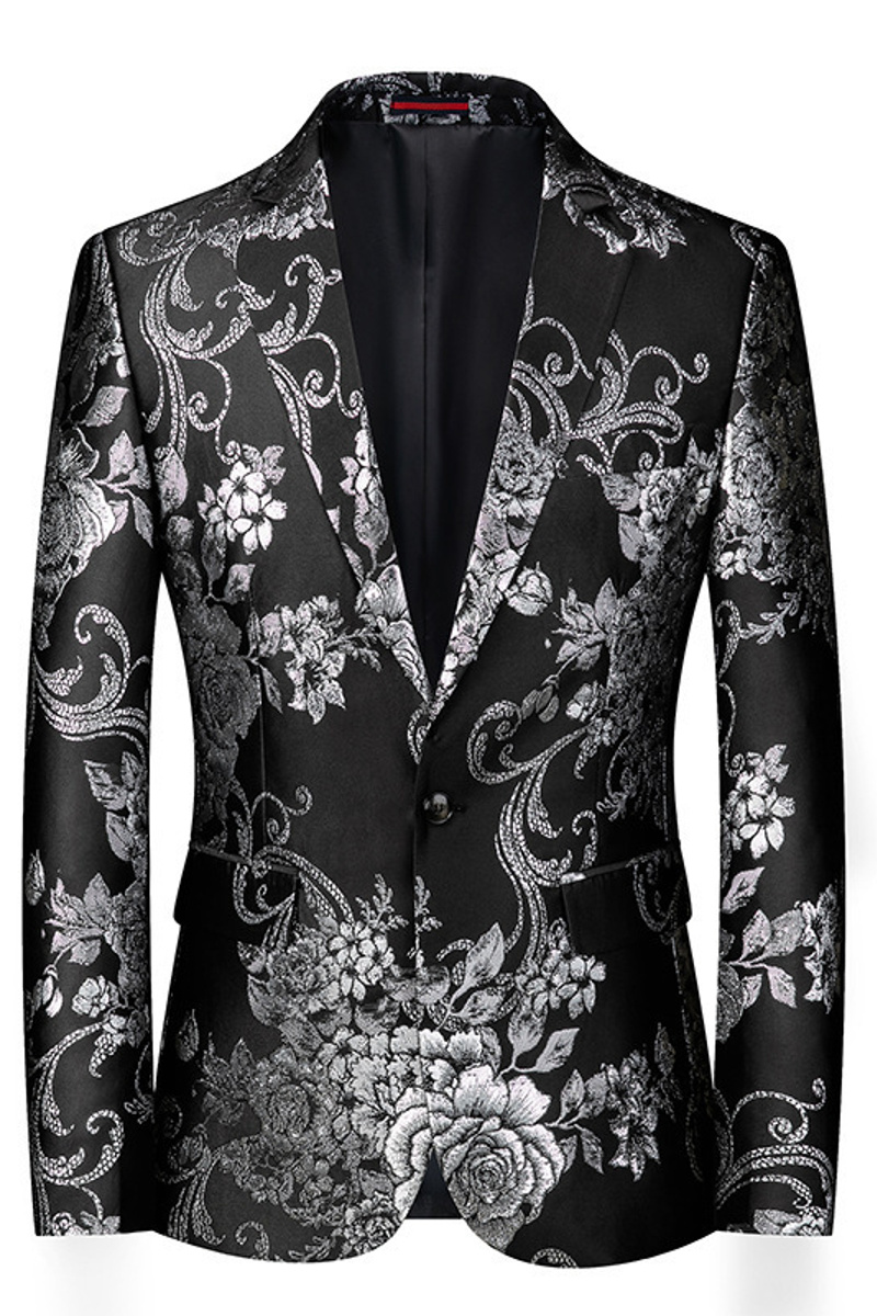 Stylish Black Printed Slim Fit Men Event Blazer