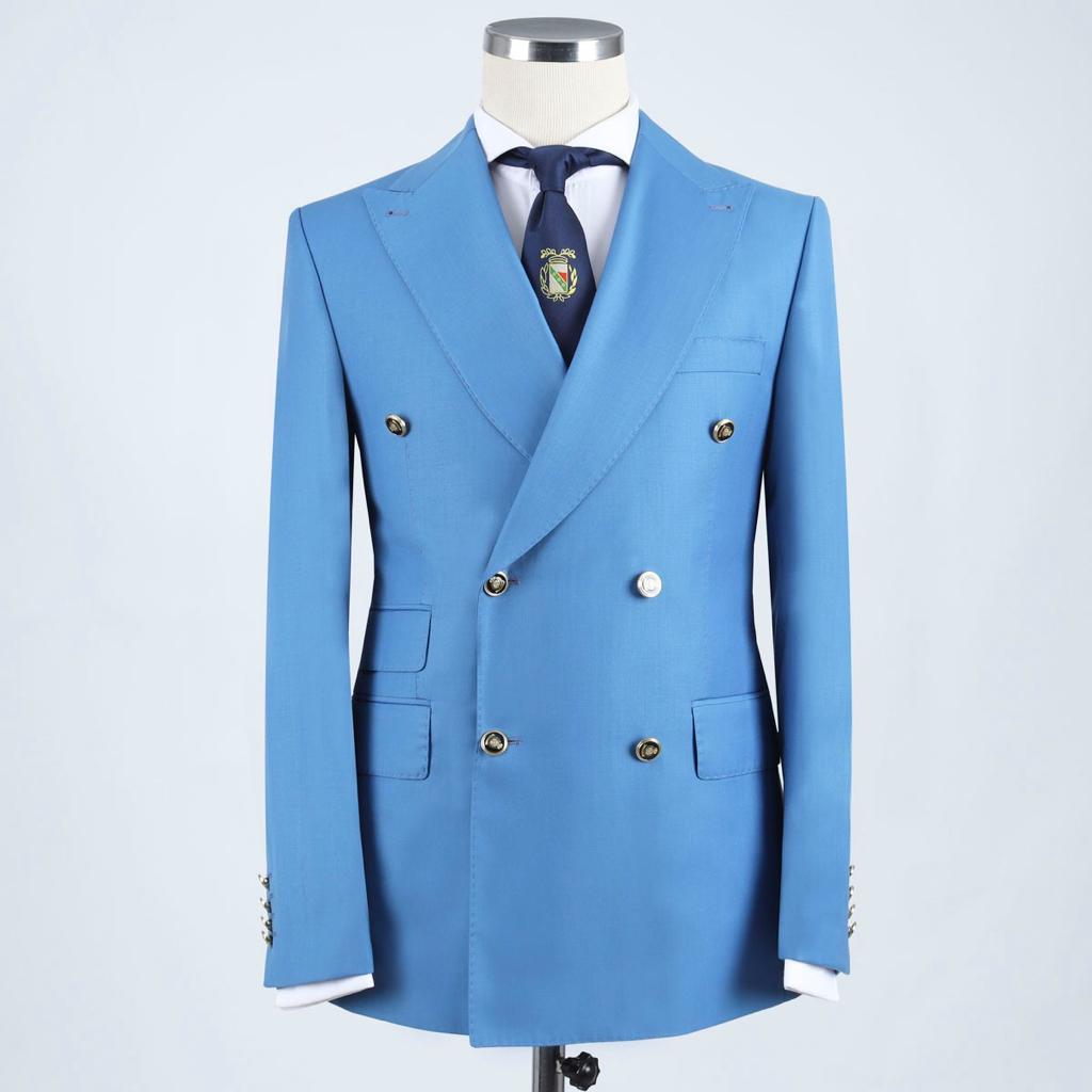Formal Blue Double-Breasted Point Collar Business Suit