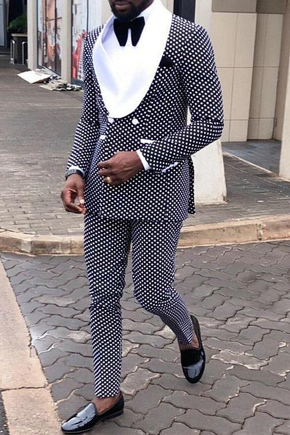Fashion Black Dot Double-Breasted Suit White Lapel