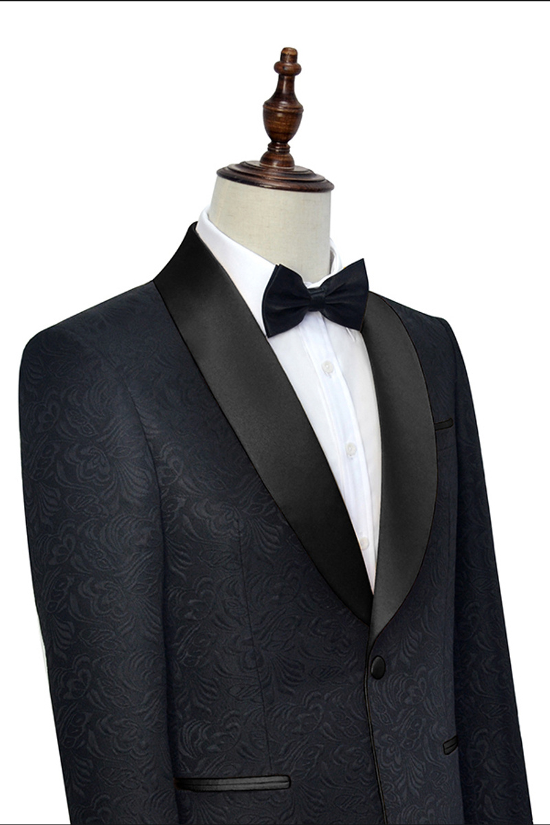 Classic Black Jacquard Wedding Tuxedo Shawl Lapel Silk One-Button Suit