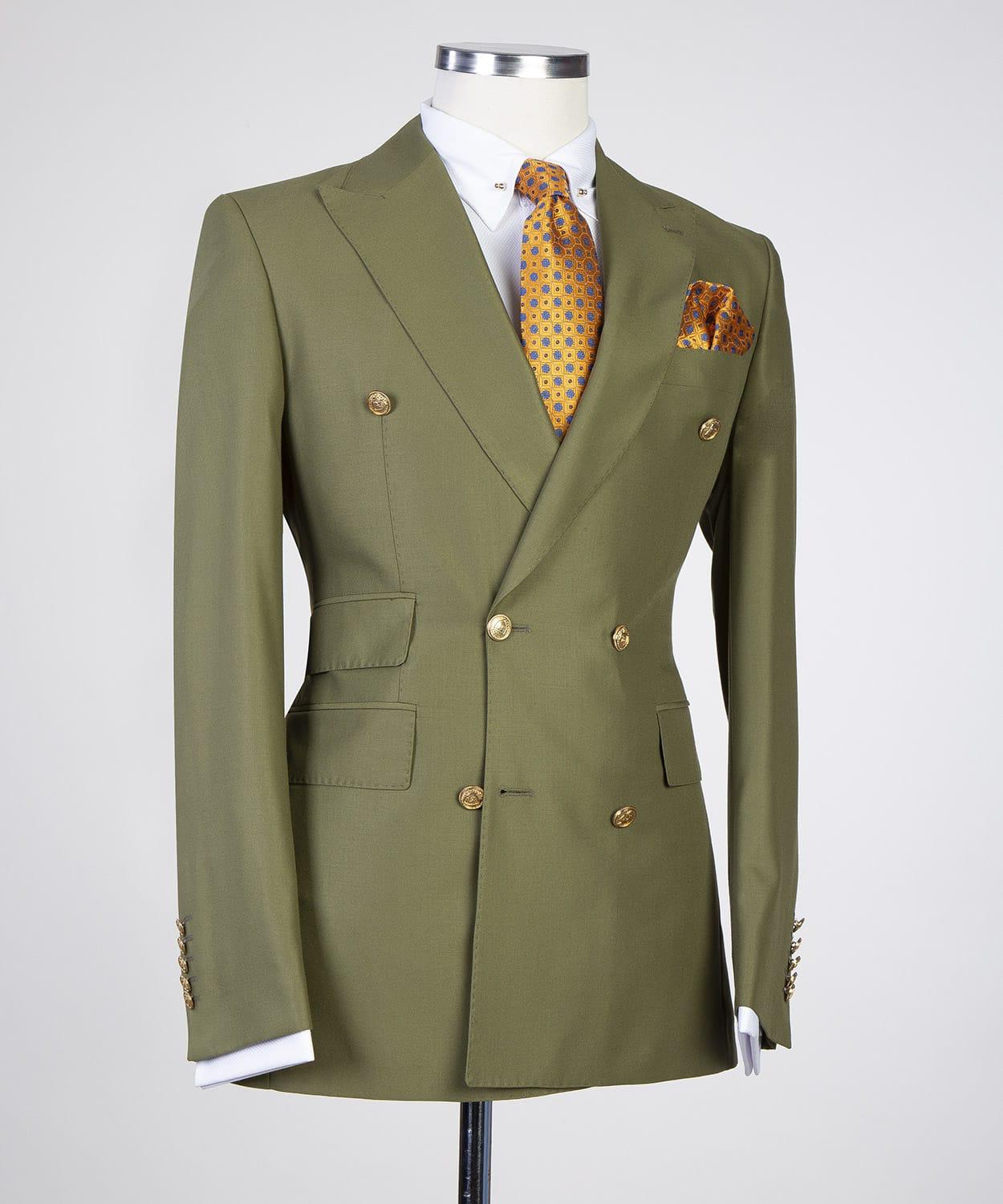 Olive Green Pointed Lapels Double Breasted Prom Men Suits