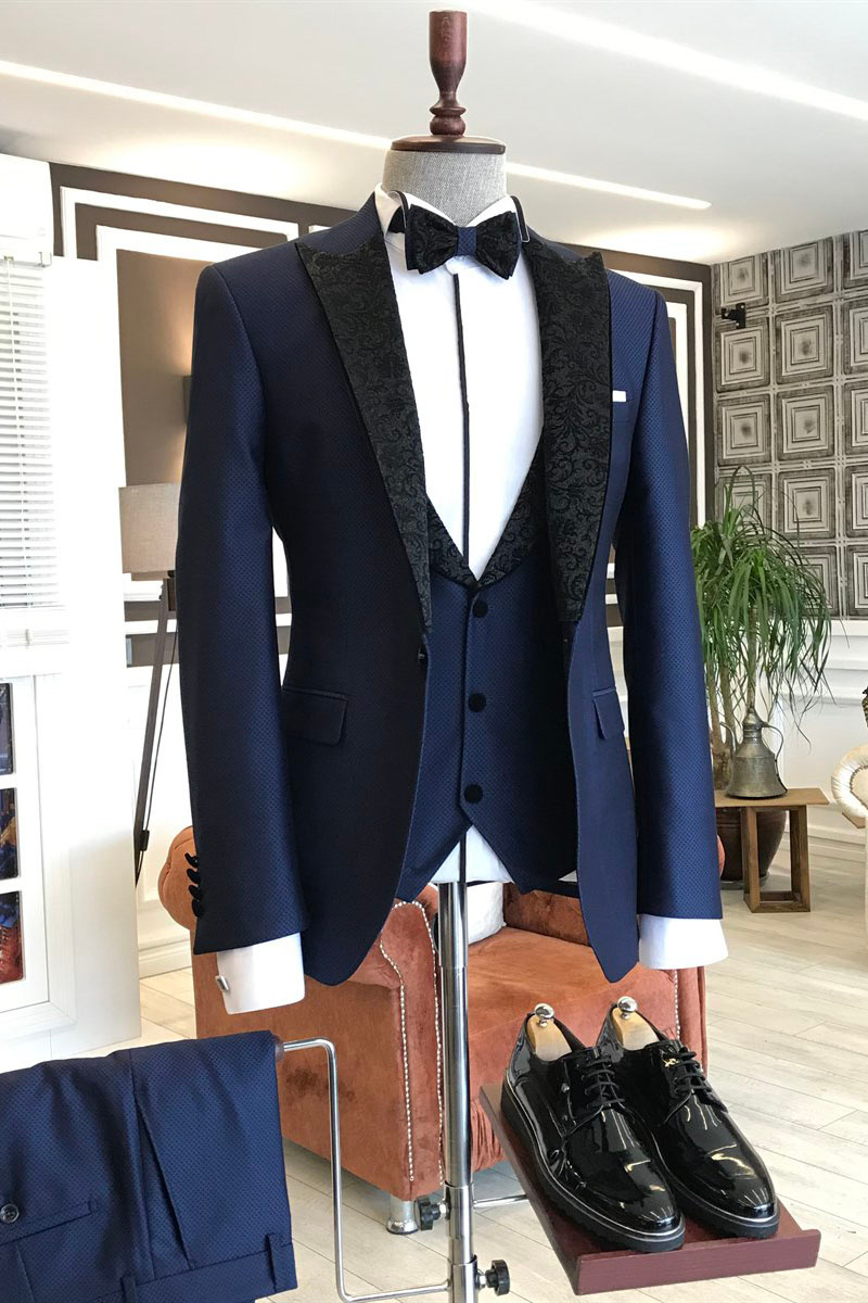 Modern Navy Three-Piece Black Jacquard Point Lapel Business Suit