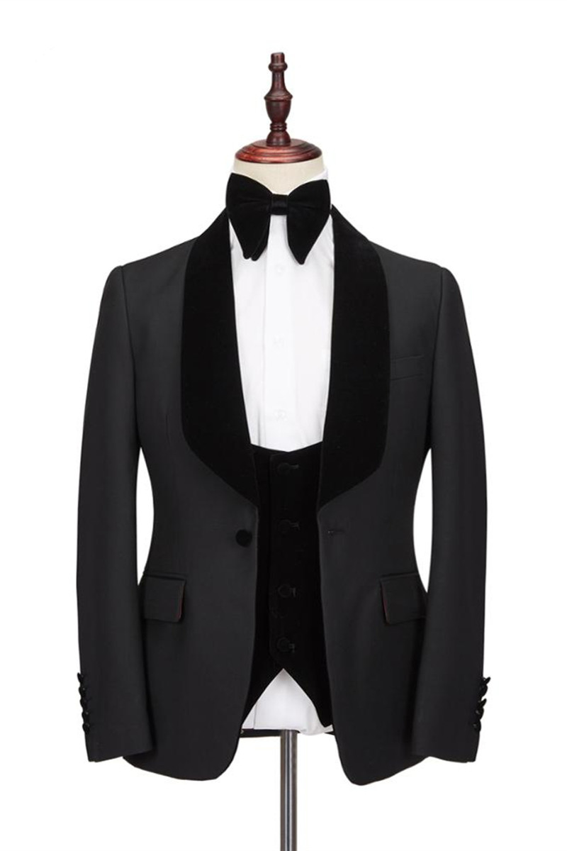 Modern Black One-Button Velvet Shawl Lapel Wedding Suit
