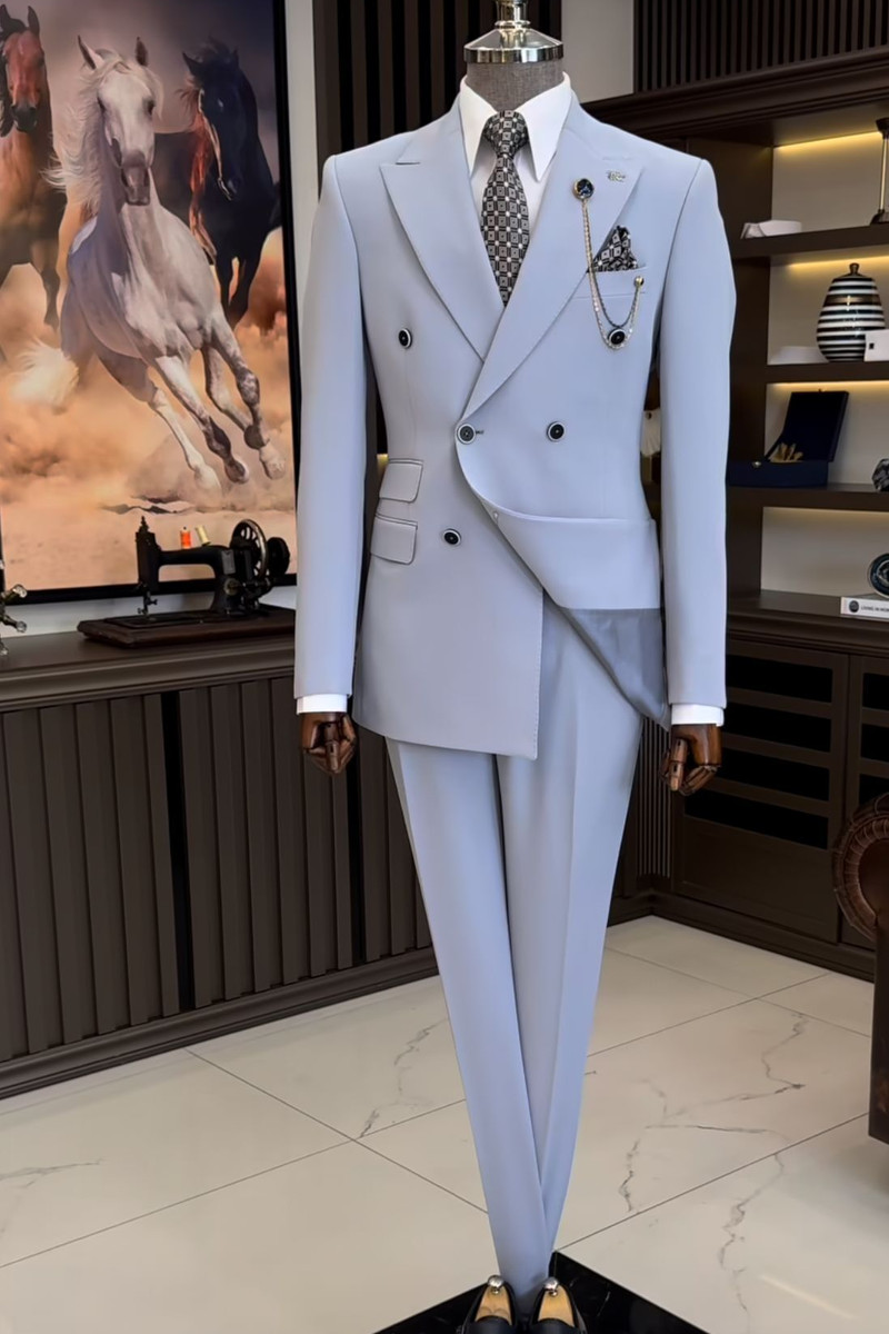 Italian Simple Light Blue Peak Collar Double-Breasted Two-Piece Slim Suit