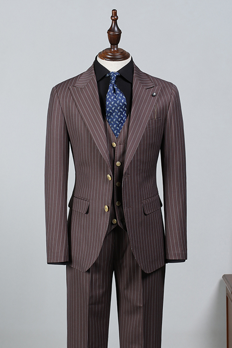 Les Popular Brown Striped Point Collar Fitted Suit