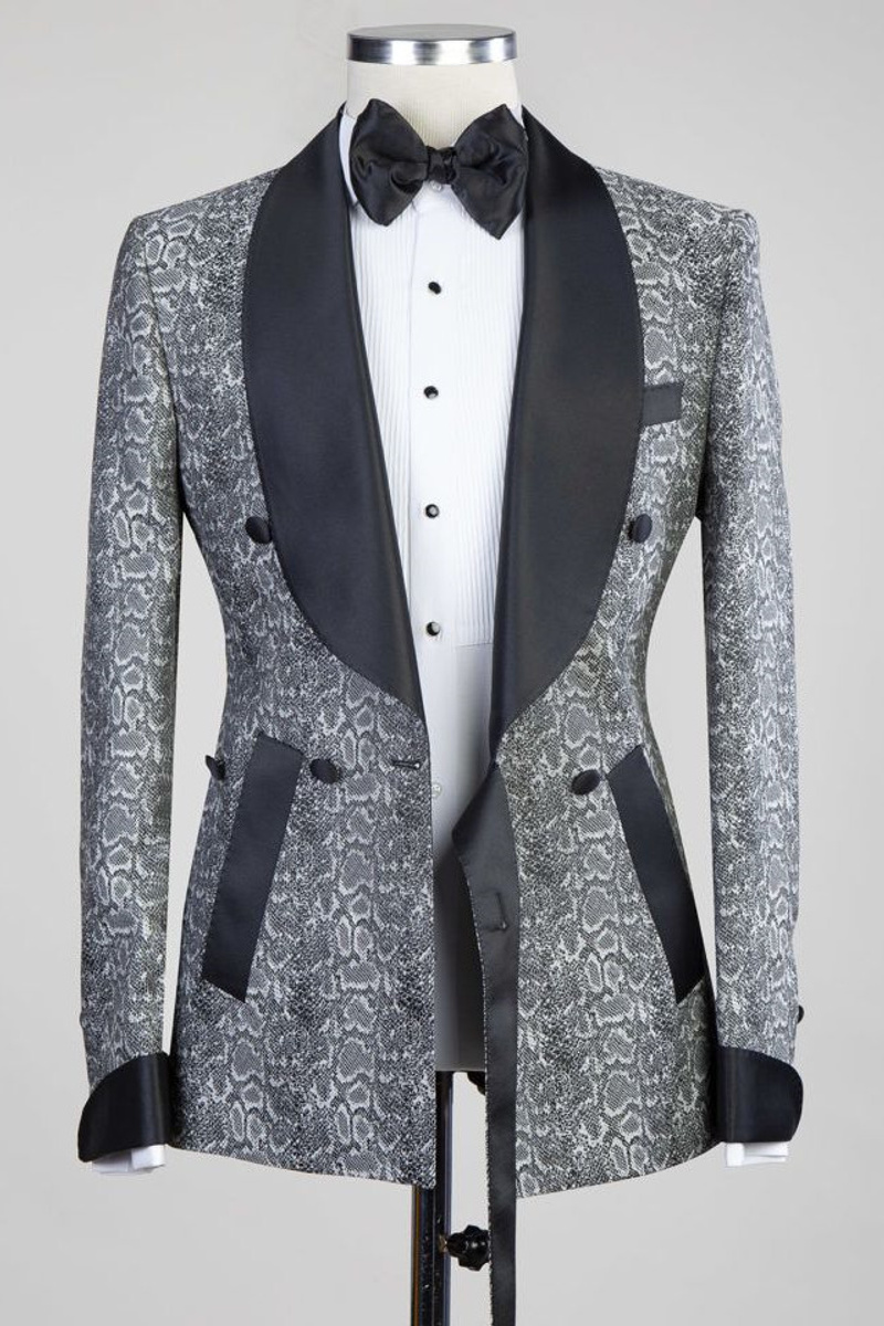 Khalil Grey Double-Breasted Jacquard Wedding Suit with Black Lapel