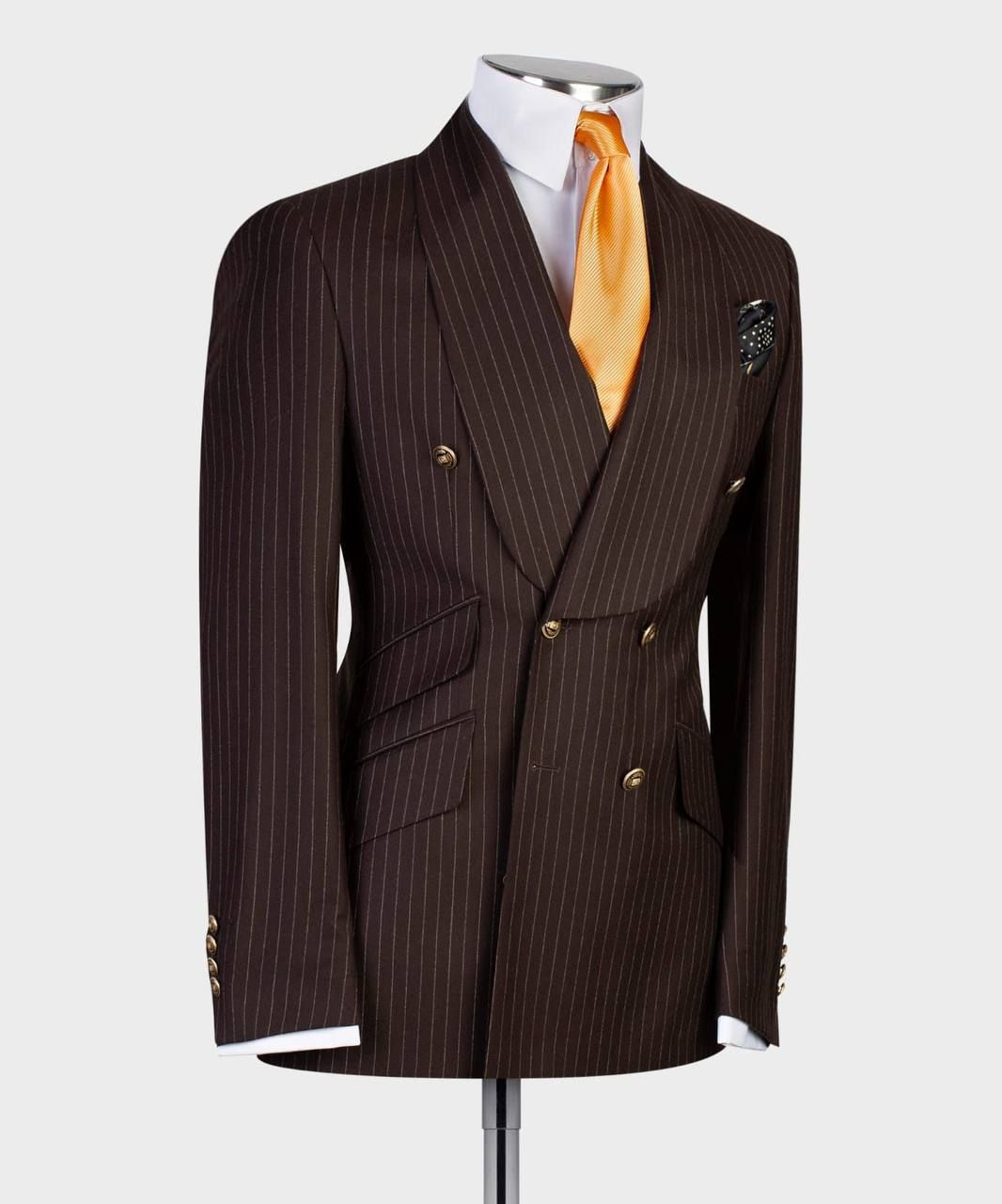 Chocolate Stripe Double-Breasted Shawl Lapel Two-Piece Suit