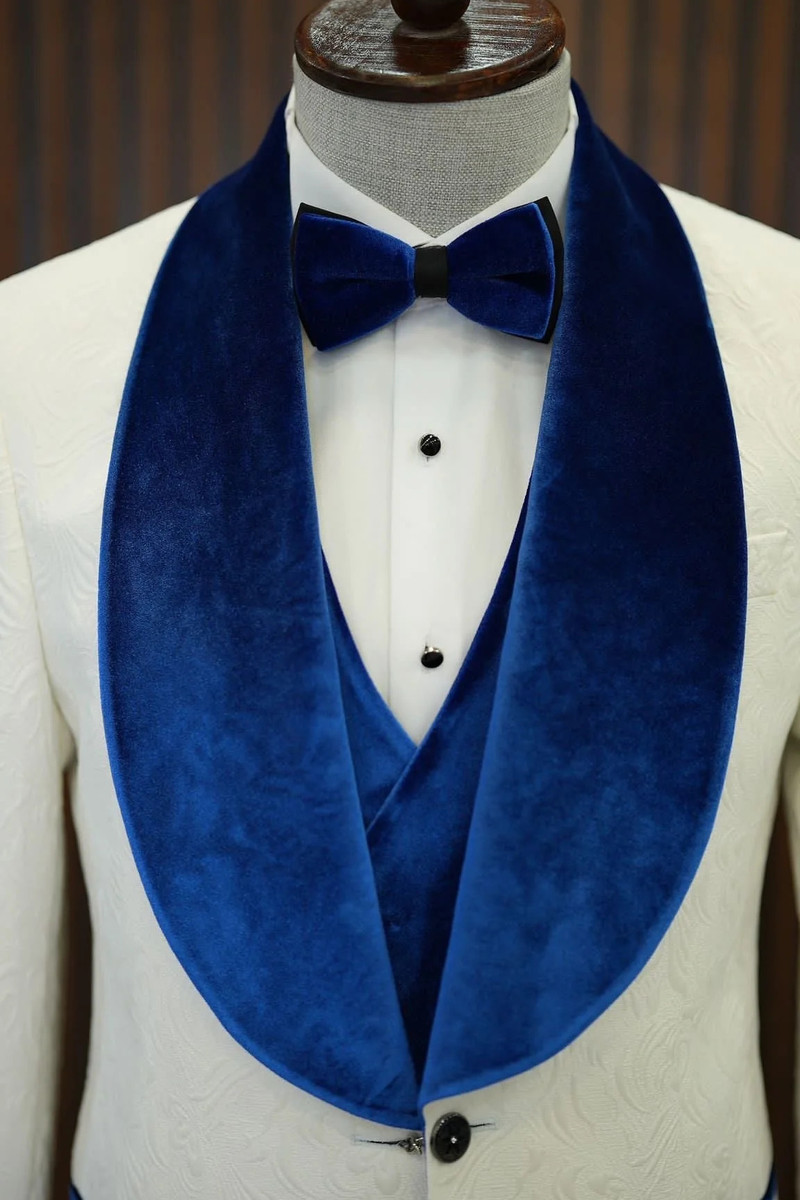 bella Blue Velvet Shawl Lapel Jacquard Slim Fit Three-Piece Tuxedo