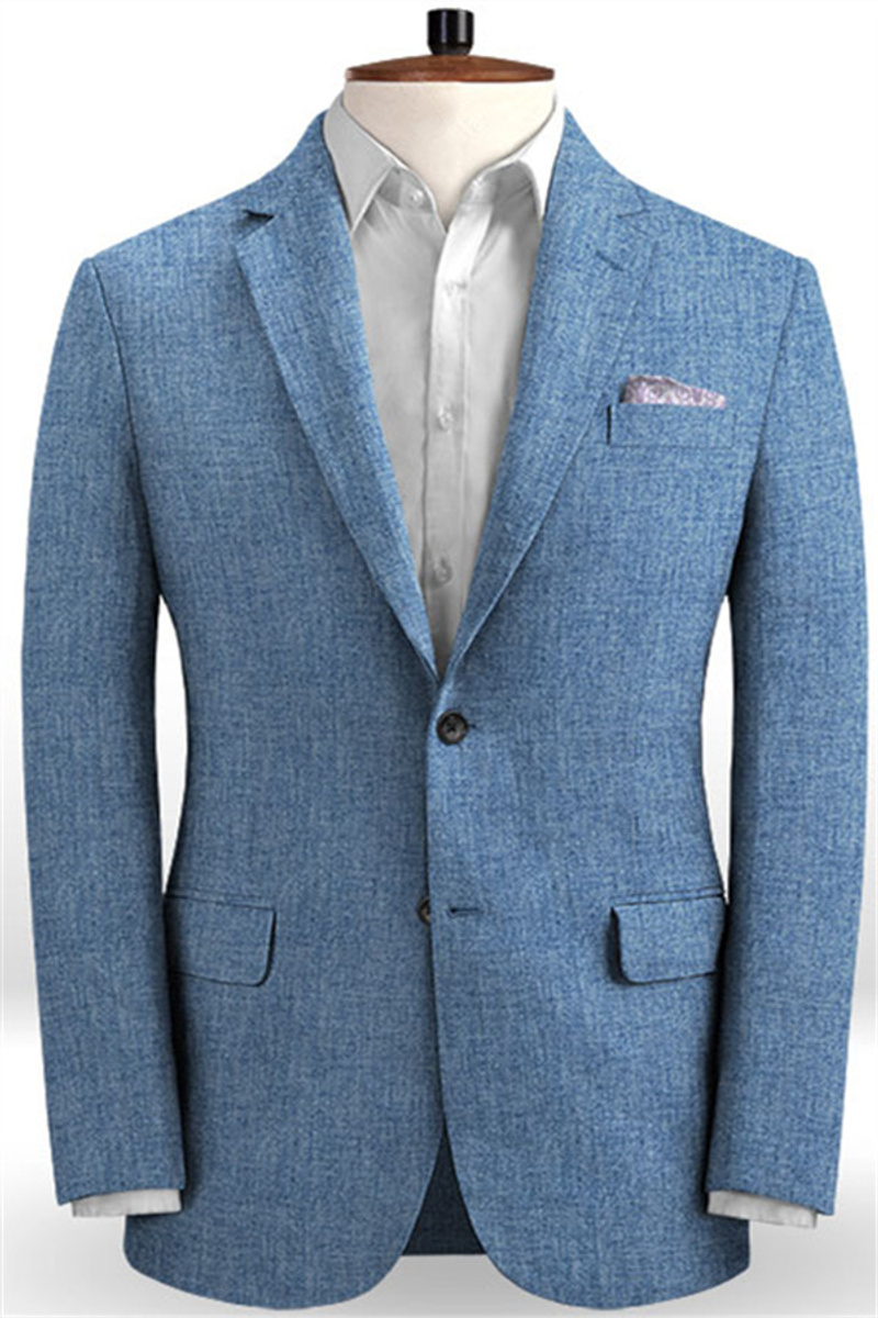 Fashion Blue Linen Wedding Suit Beach Slim Groom Tuxedos