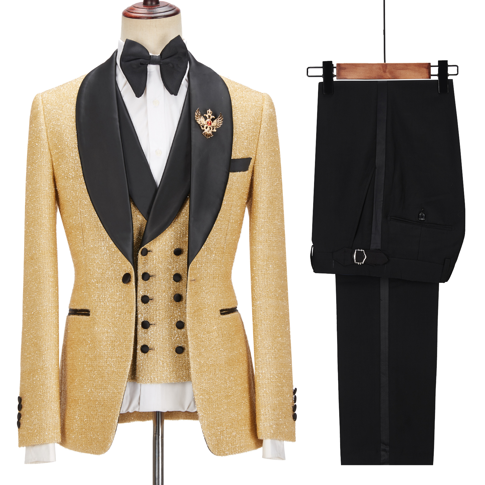 Andrew Sparkly Gold Shawl Lapel Three-Piece Wedding Suit