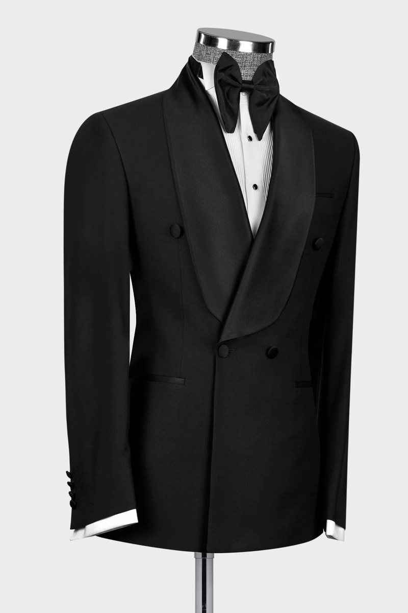 Black Double-Breasted Wool Blend Shawl Collar Men's Wedding Suit with Gold Buttons
