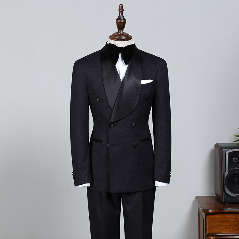 Salomon Classic All Black Double-Breasted Groom Wedding Suit