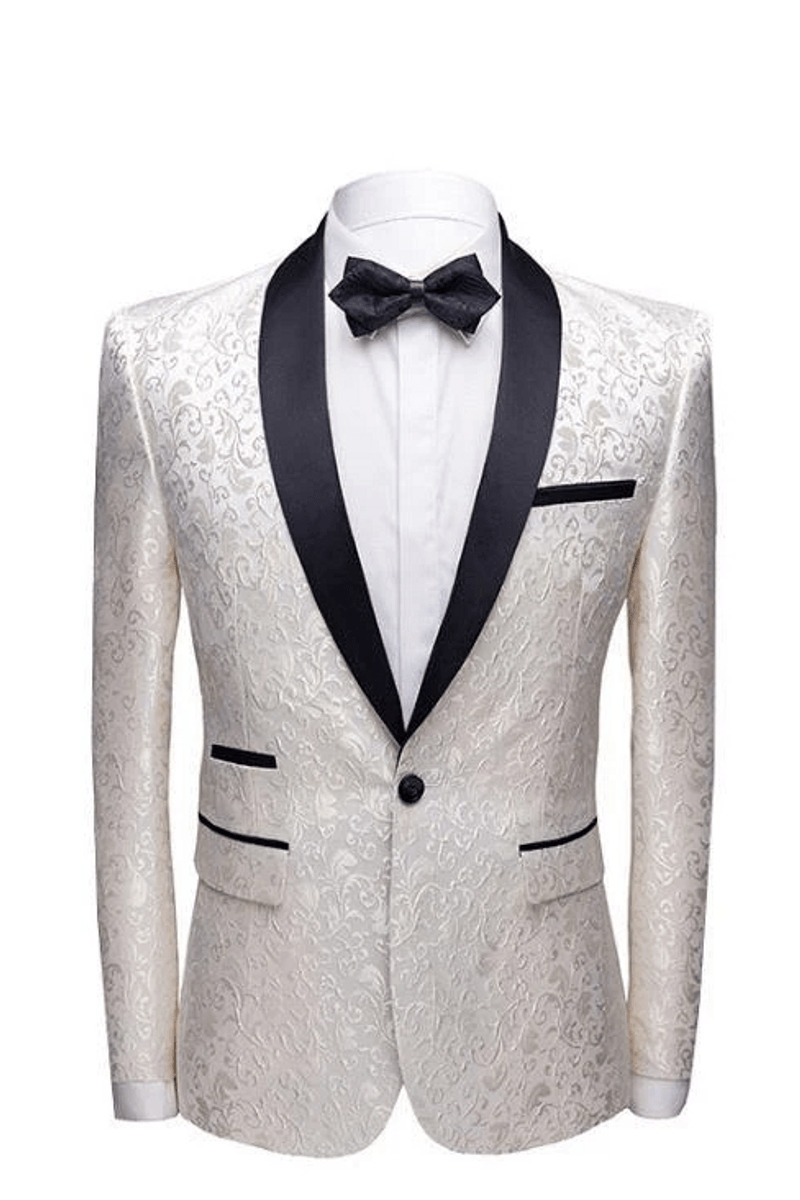White Jacquard One-Button Wedding Tuxedo Black Shawl Lapel