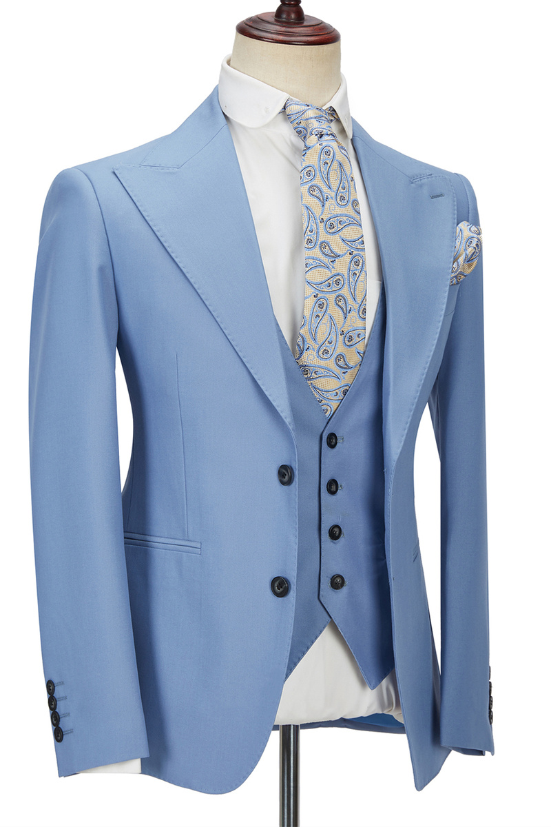Gentle Blue Peak Lapel Three-Piece Formal Suit
