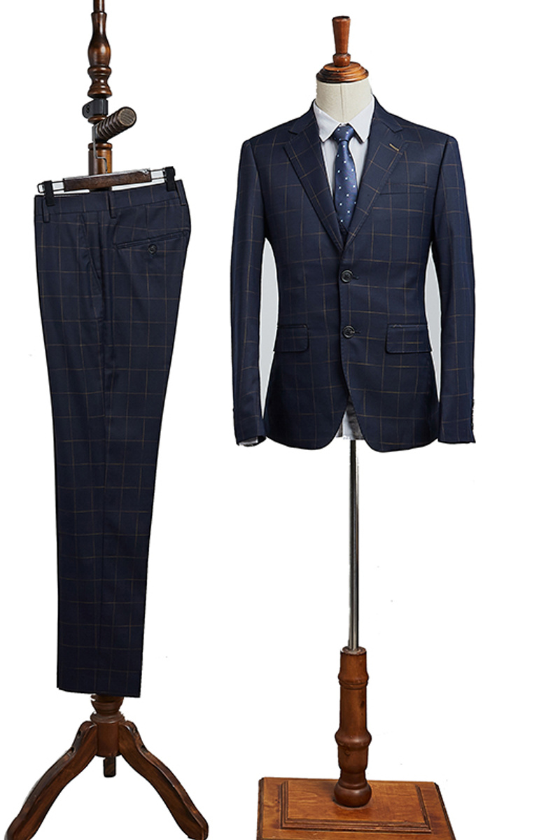 Carr Modern Navy Check Notched Lapel Two Button Slim Fit Suit