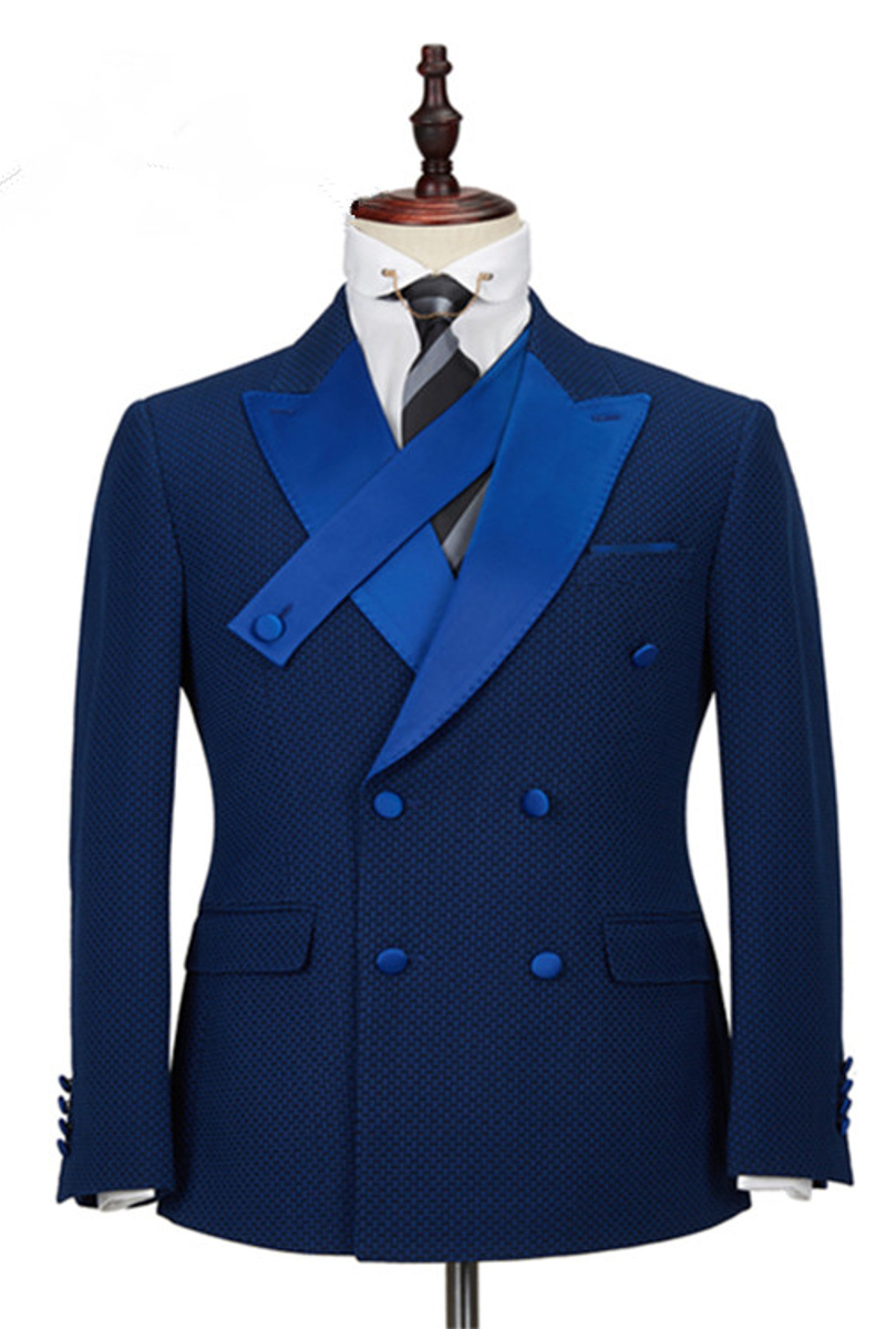 Jonah Navy Check Point Lapel Double-Breasted Formal Business Suit