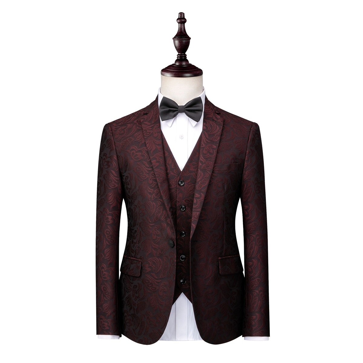 Fashion Burgundy Check Design Prom Suit Three-Piece One-Button Tuxedo