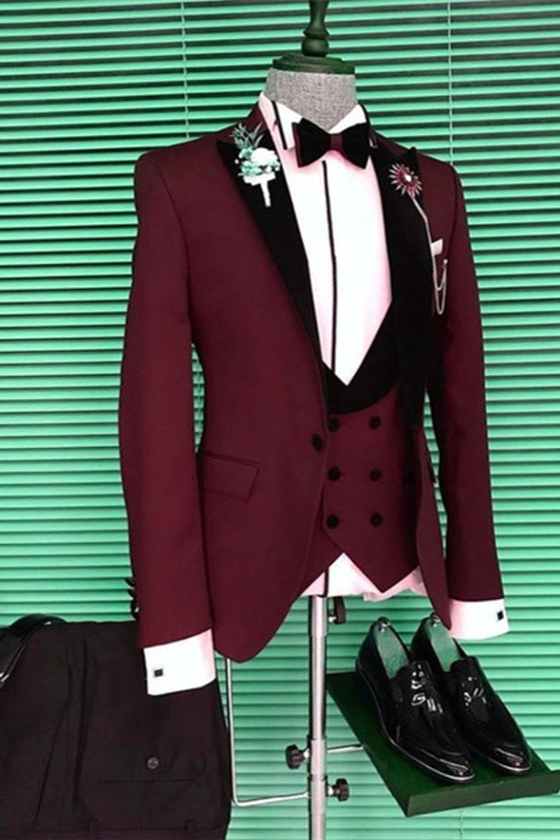 Devon Slim Fit Burgundy Three-Piece Suit with Black Point Lapel