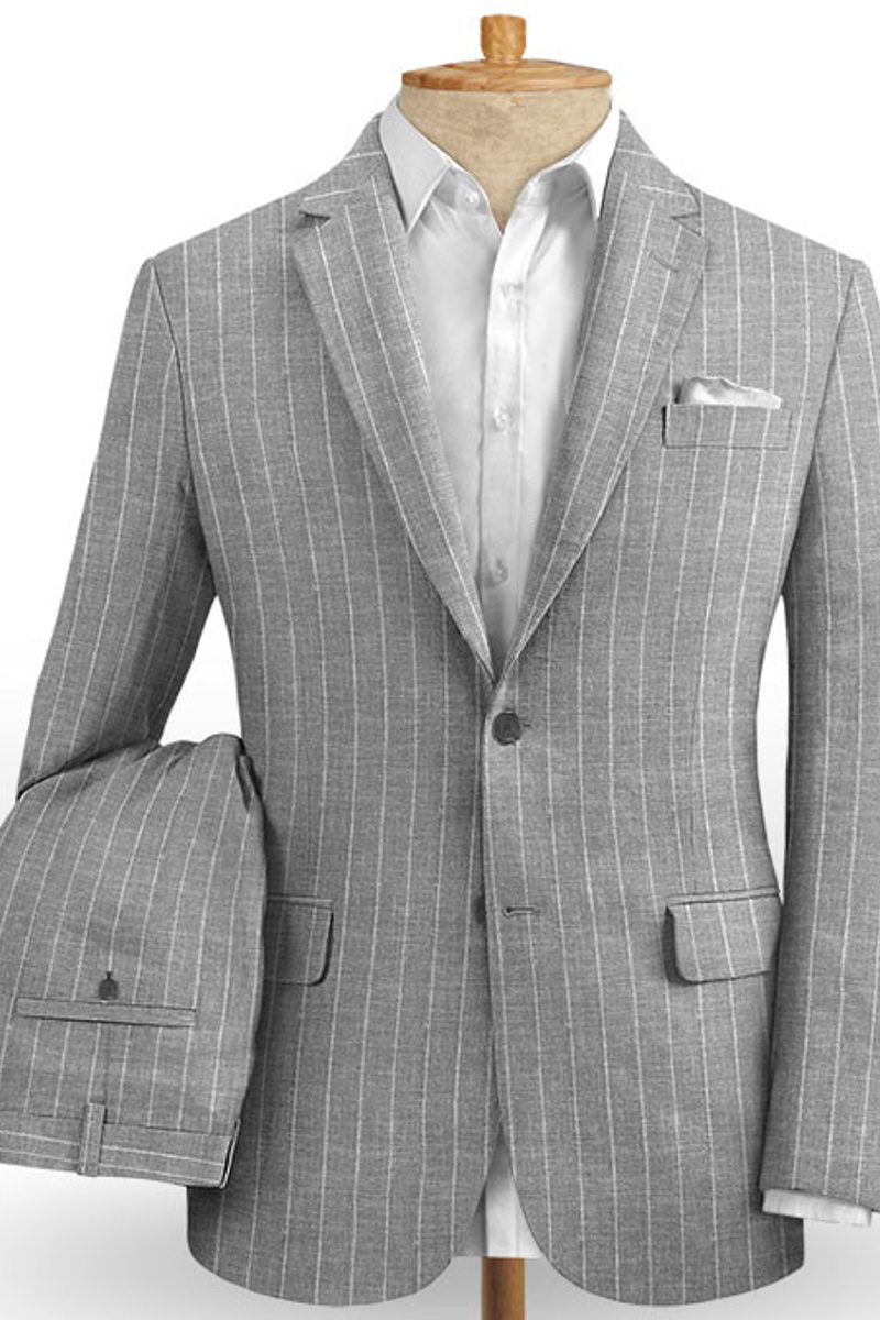 Grey Striped Linen Suit Online Two-Piece Tuxedo with Notch Lapel