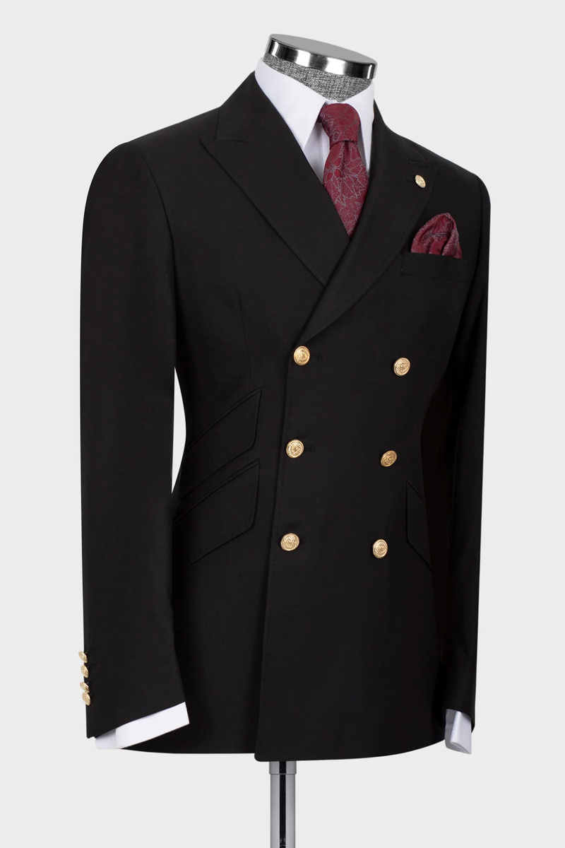 Black Wool Blend Double-Breasted Six-Button Suit with Scoop Neck