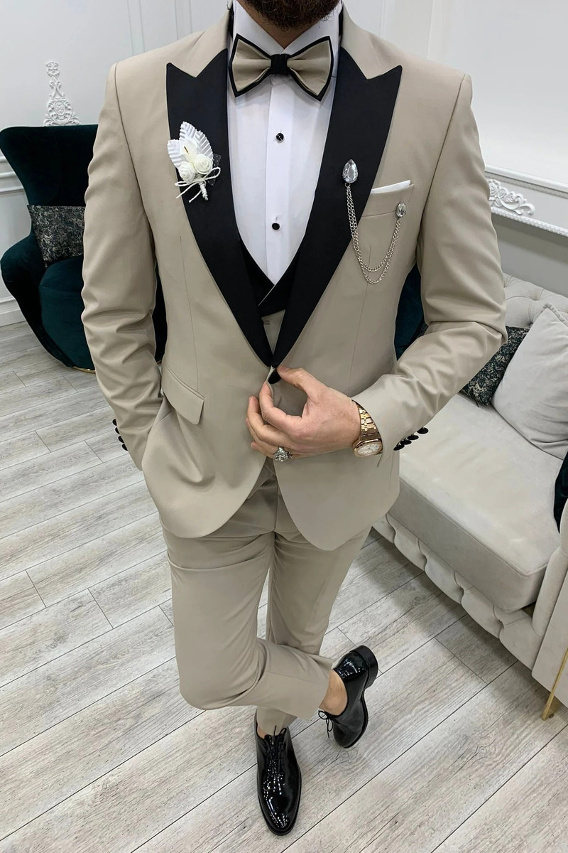 Modern Beige Slim Peak Collar Three-Piece Tuxedo
