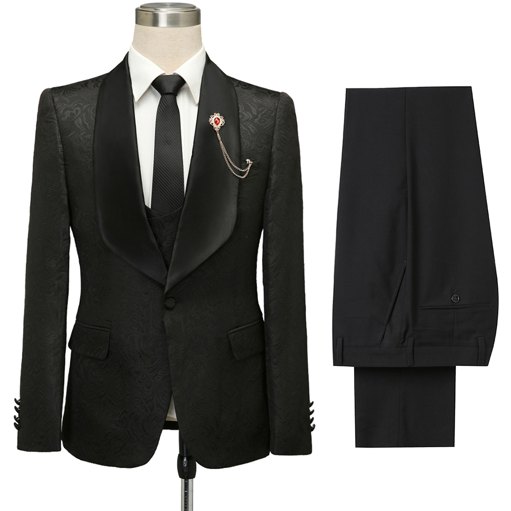 Bradley Stylish Black Jacquard Shawl Lapel Wedding Suit