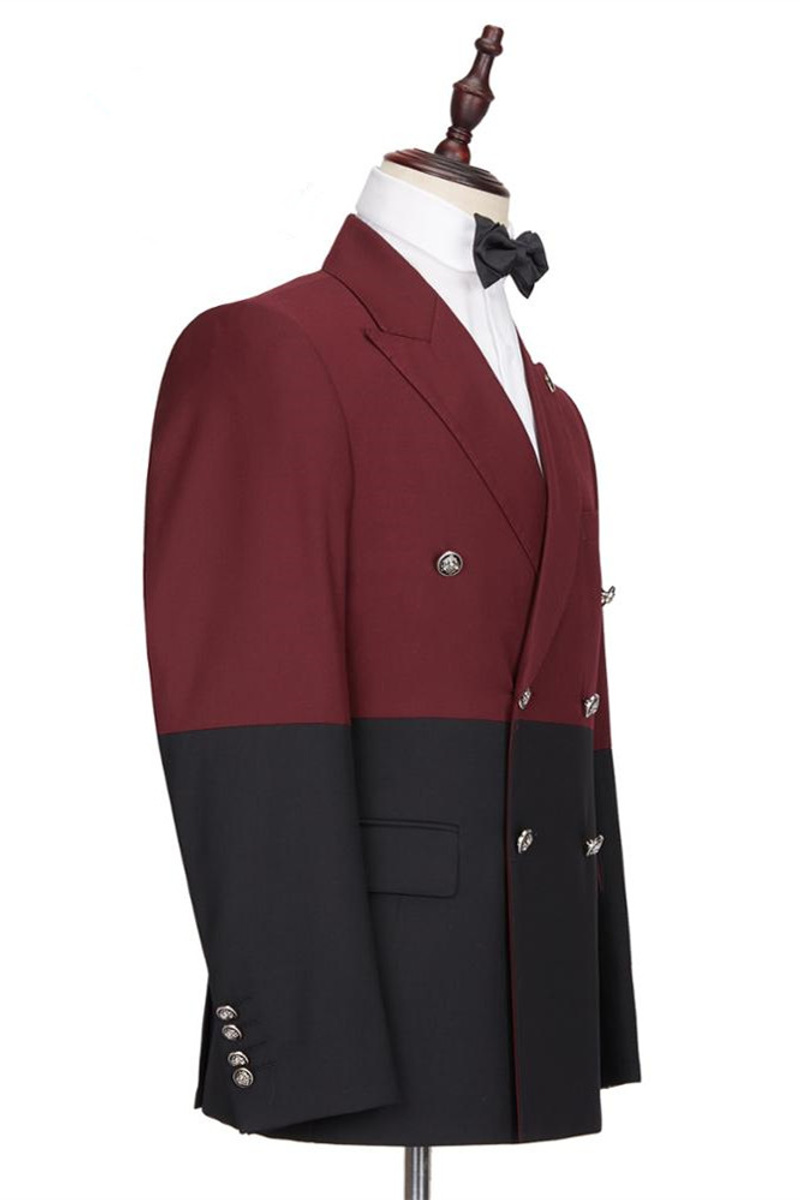 Burgundy And Black Double Breasted Point Lapel Men Prom Jacket