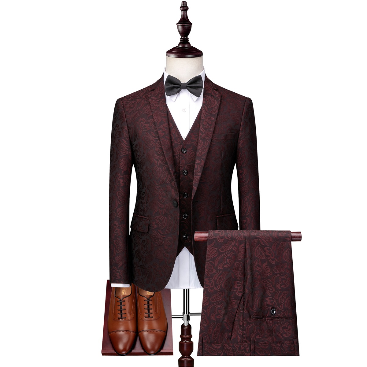 Fashion Burgundy Check Design Prom Suit Three-Piece One-Button Tuxedo