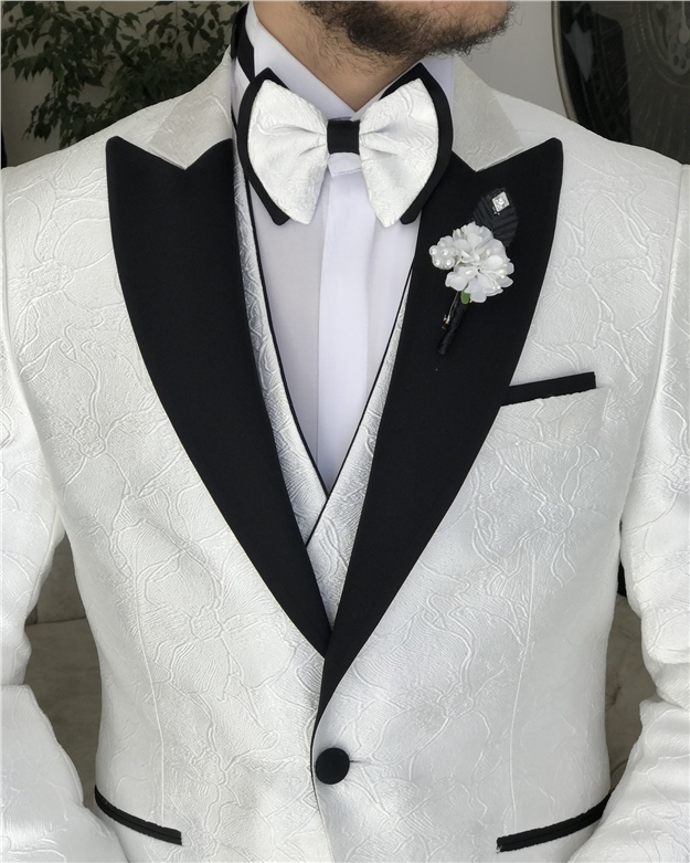 White Lapel Collar Jacquard Three-Piece Groom Suit