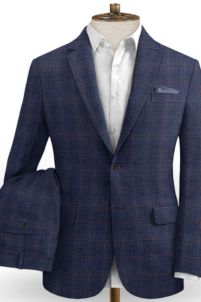 Blue Plaid Linen Tuxedo Online Casual Two-Piece Slim Fit Suit