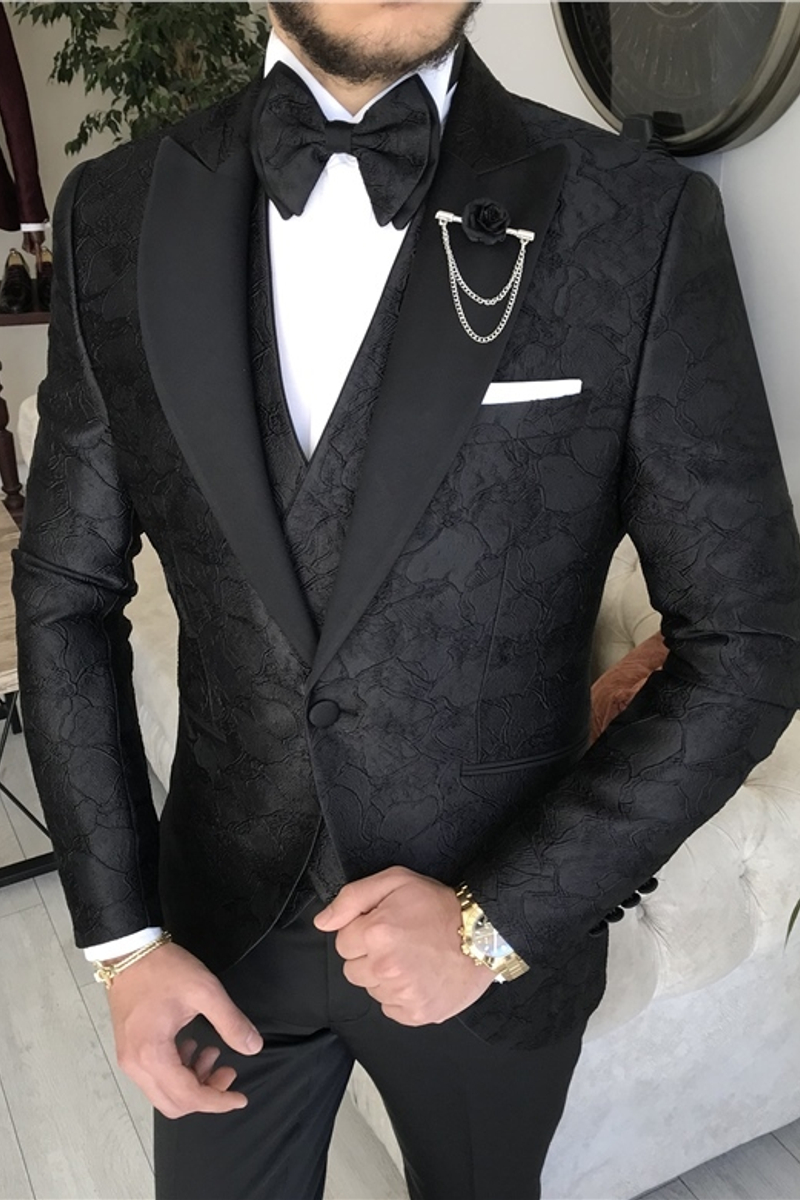 Black Jacket, Vest, and Trousers Groom Set Wedding Three-Piece Suit