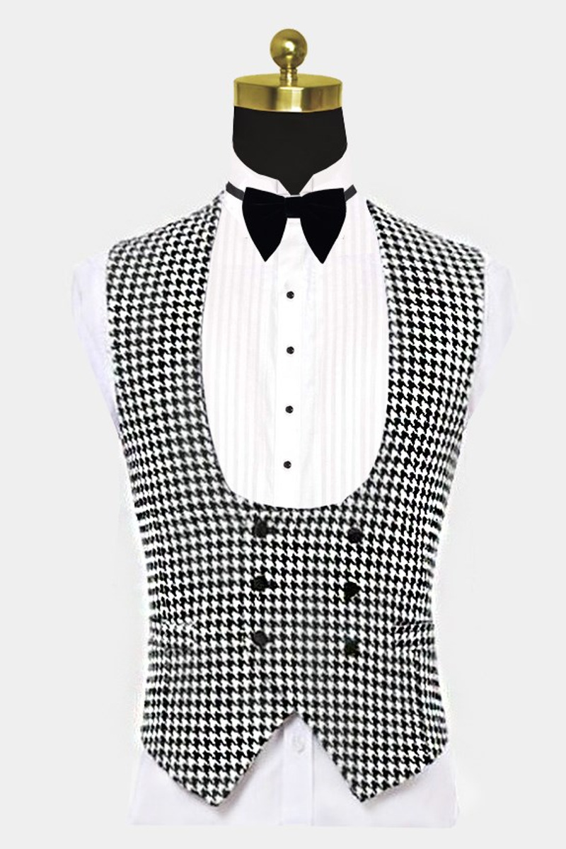 Black and White Houndstooth Tuxedo Business Three-Piece Suit