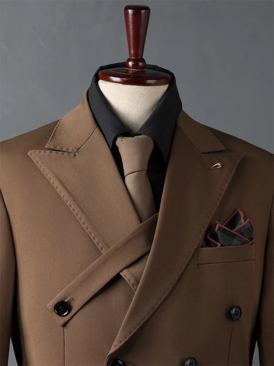Italian Brown Lapel Slim Fit Suit Wedding Business Suit with Adjustable Chest Button