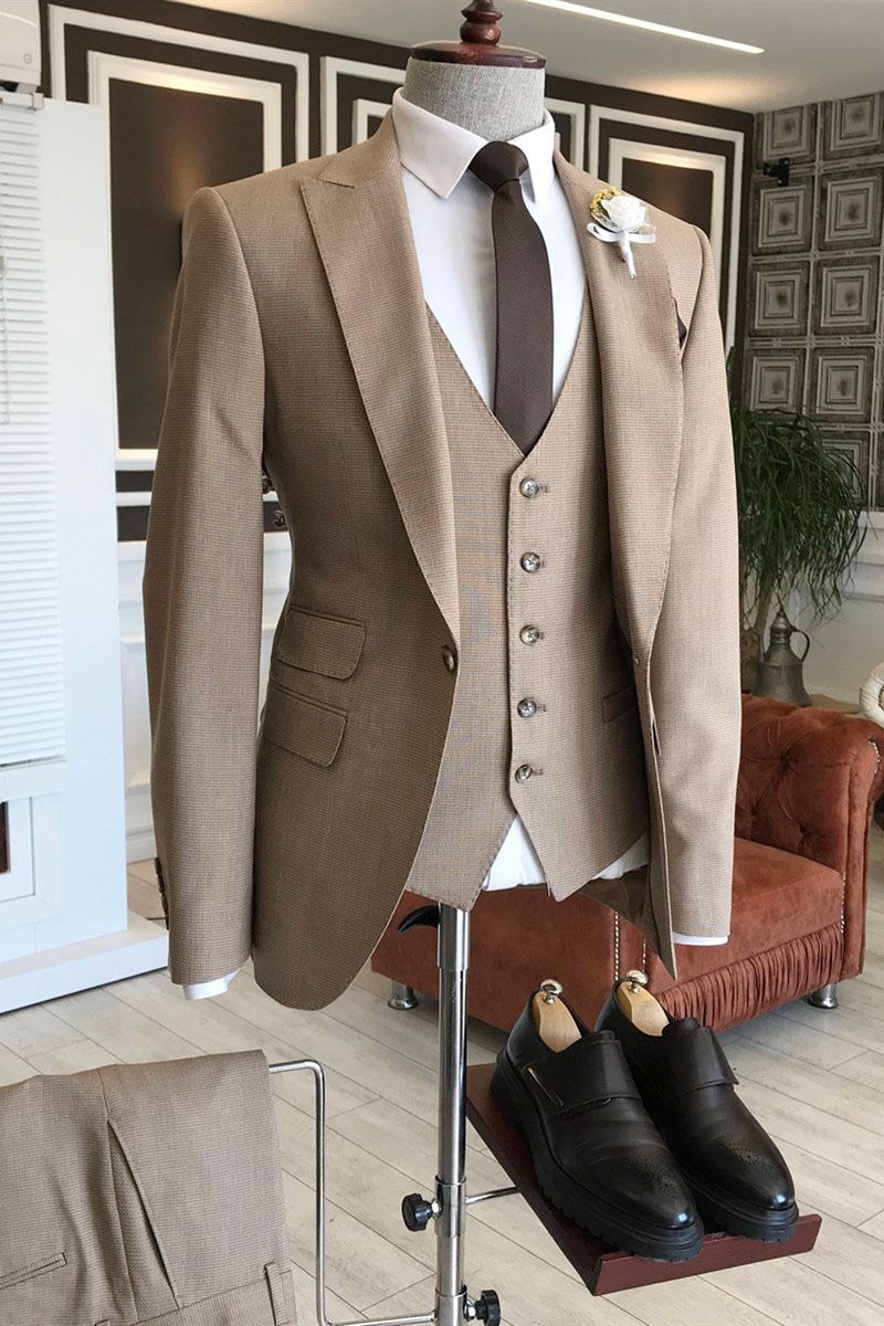 Jacob Formal Light Brown Three Piece Point Lapel Slim Fit Business Suit