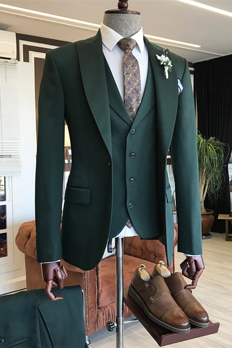 Cason Hunter Dark Green Custom Point Lapel Three Piece Men Suit