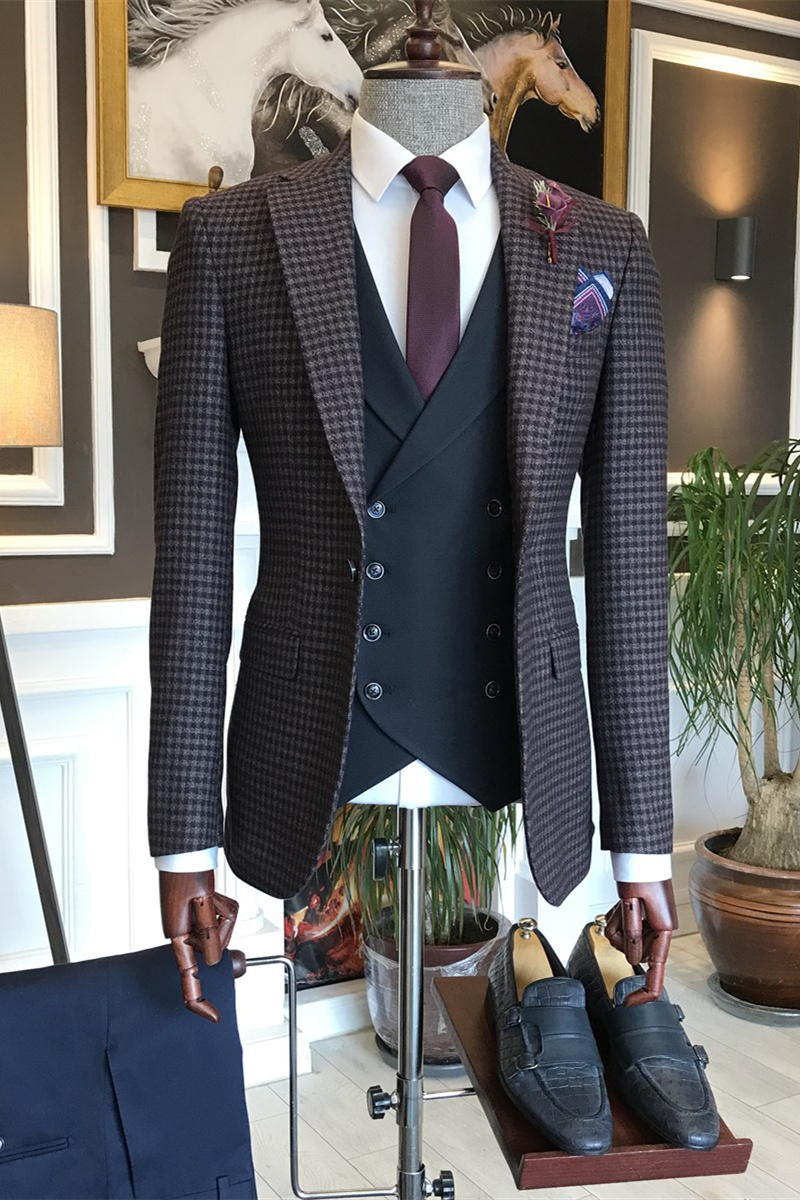 Plaid Peak Lapel Three-Piece Business Suit with Dark Blue Vest and Trousers