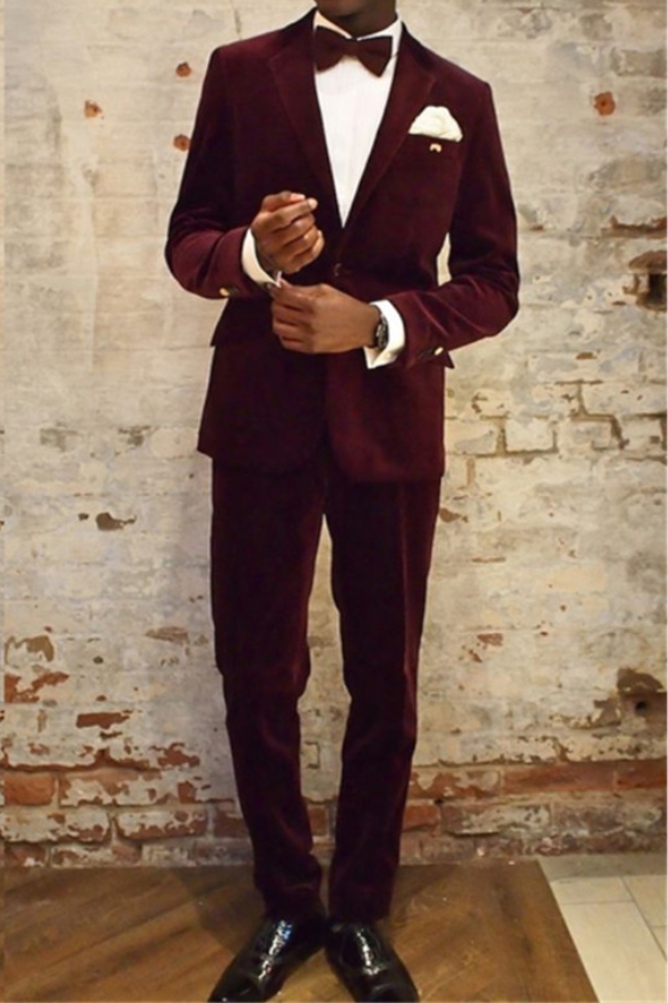 Burgundy Velvet Notched Lapel Fashion Men Suit Online