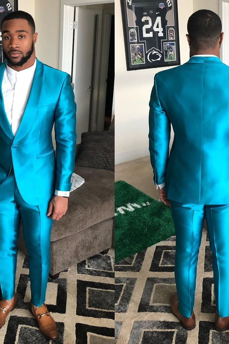 Shiny Blue Shawl Lapel One Button Slim Fit Men For Prom