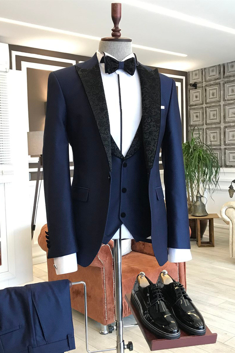 Unique Navy Blue Three-Piece Black Spiked Jacquard Lapel Business Suit