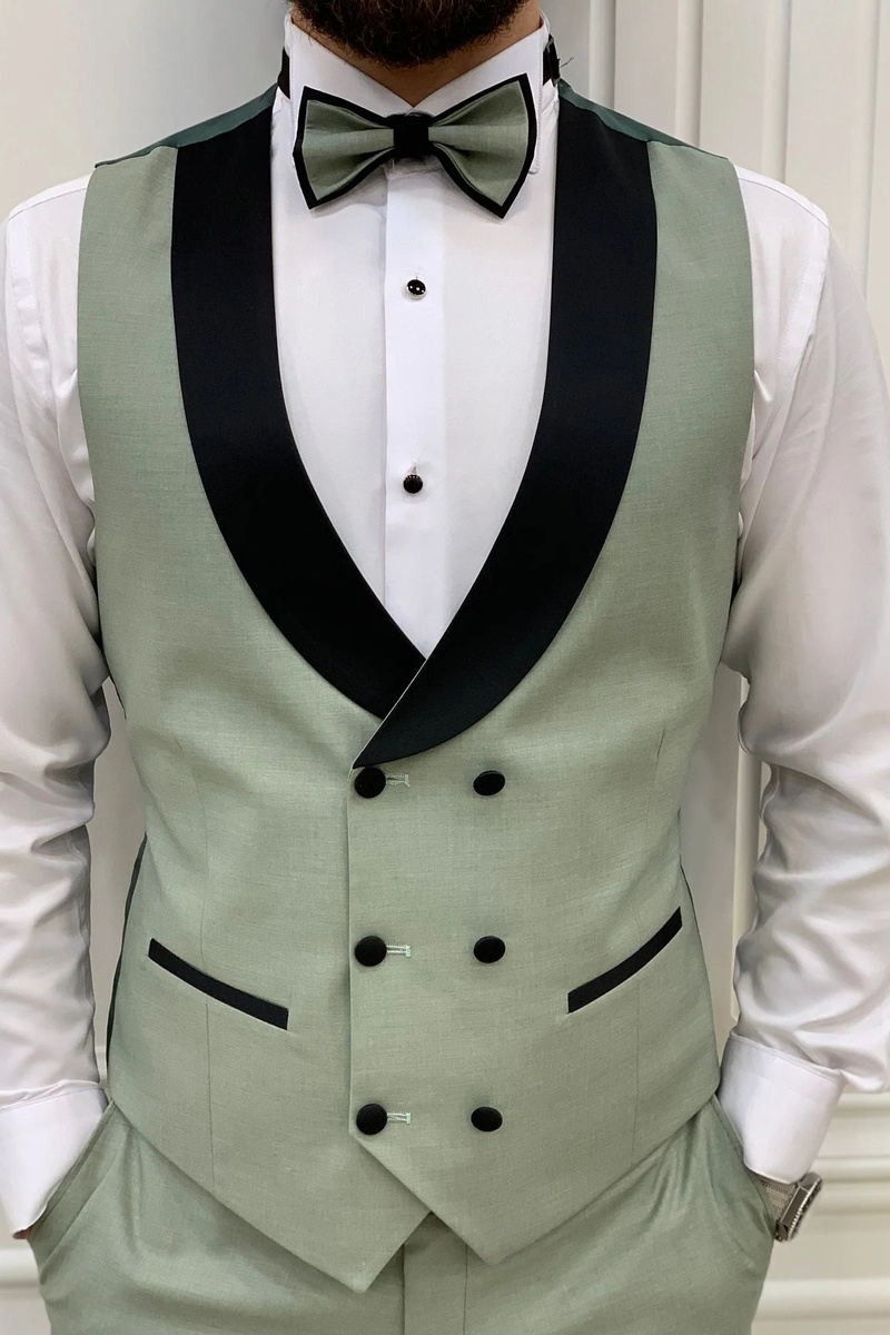 Modern Water Green Slim Velvet Peak Collar Three Piece Tuxedo