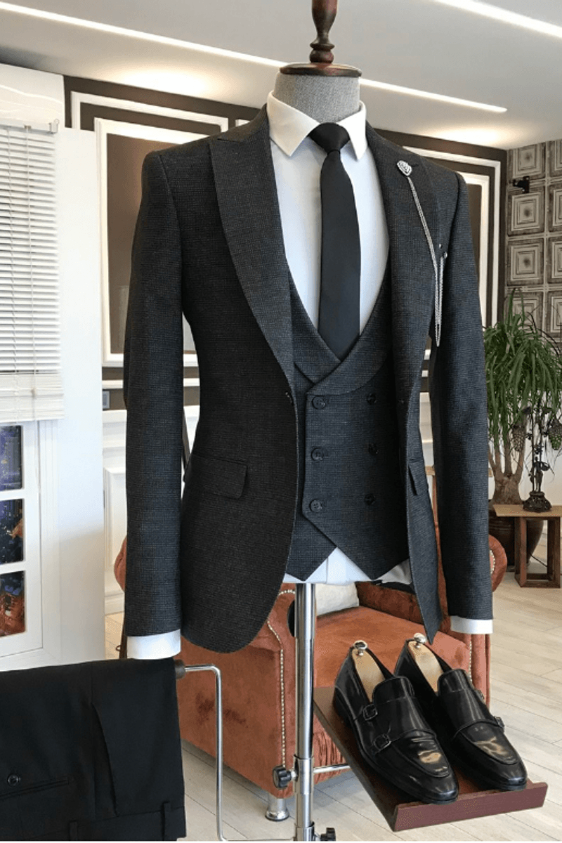 Baldwin Formal Black Small Plaid One-Button Double-Breasted Vest Business Suit