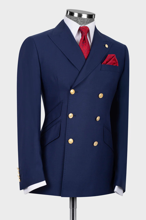 Dark Blue Double-Breasted Three-Pocket Suit Six Buttons
