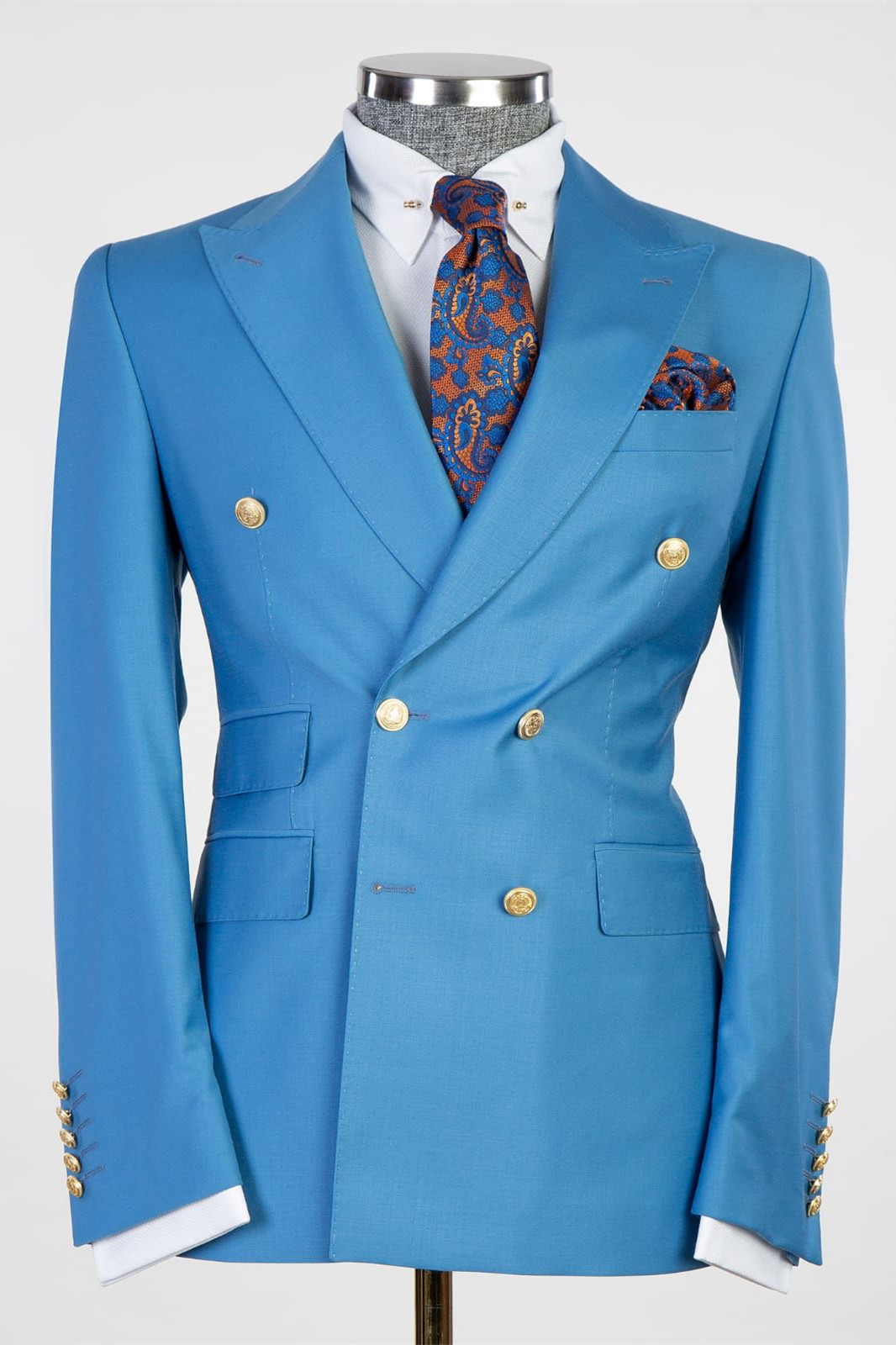 Modern Blue Double-Breasted Point Collar Business Suit