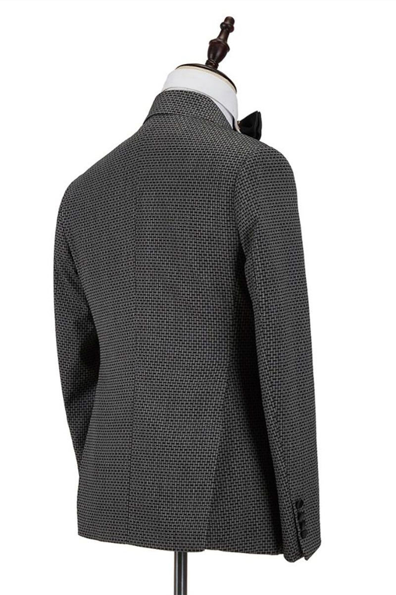 Modern Black-and-Gray Cruciform Satin Peak Lapel Double-Breasted Formal Suit
