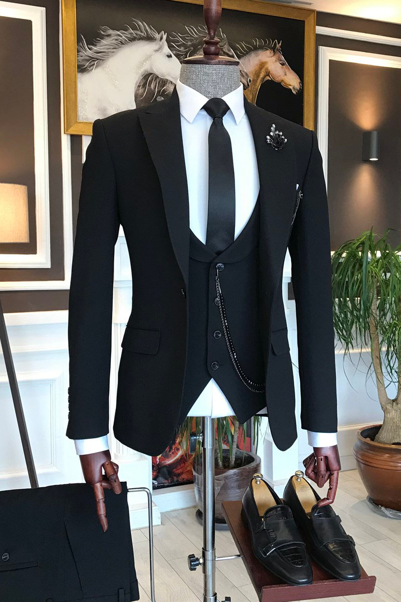 Noah All Black Three Piece Point Lapel Business Suit