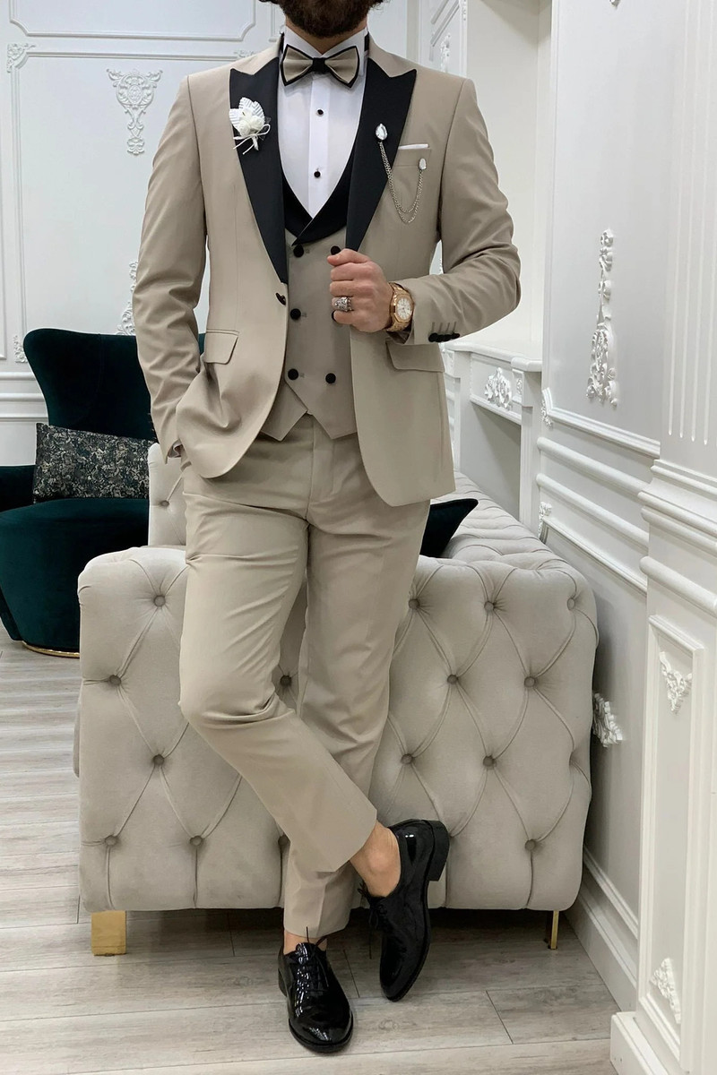 Modern Beige Slim Peak Collar Three-Piece Tuxedo