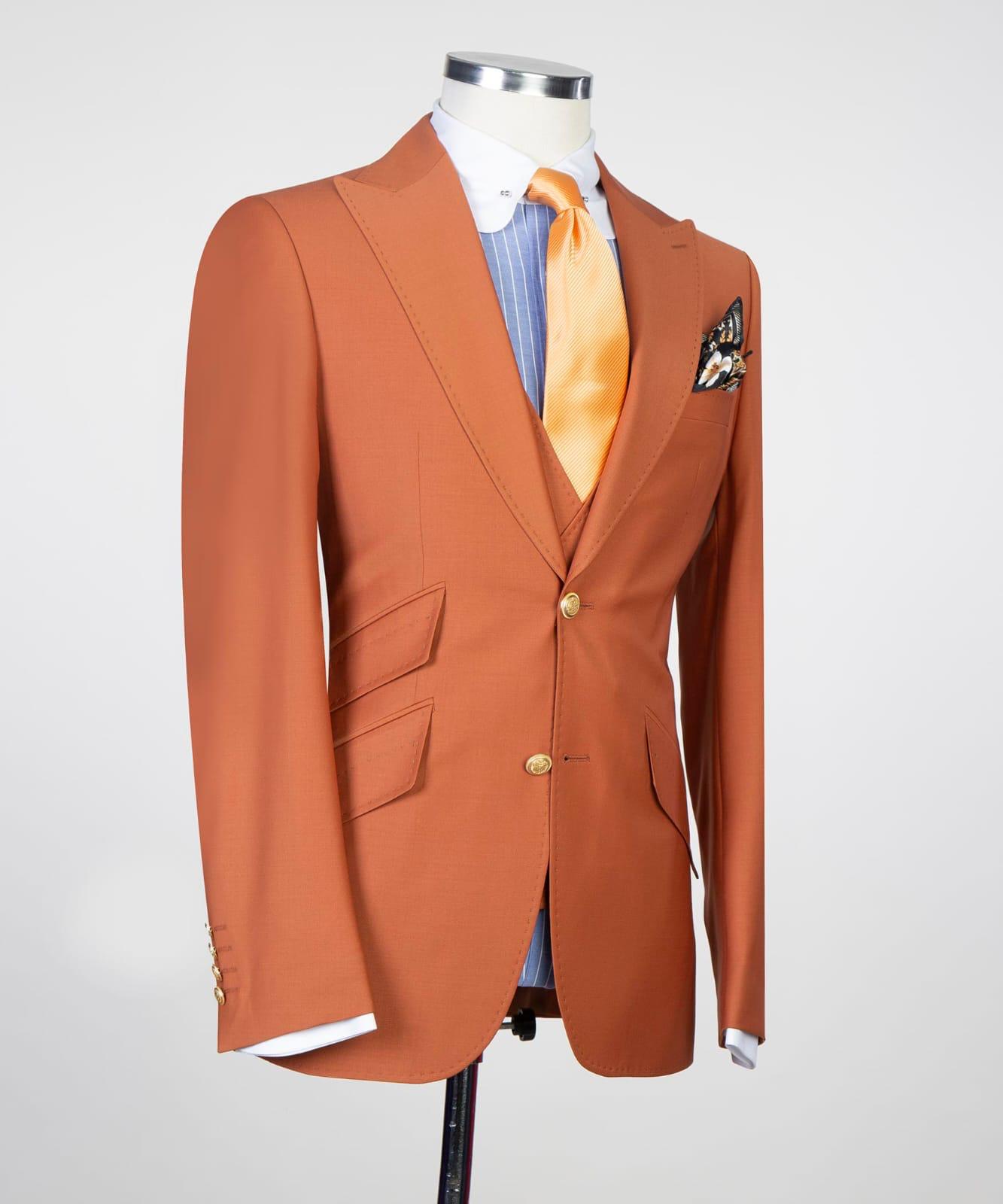 Orange Peaked Lapel Close Fitting Prom Men Suits